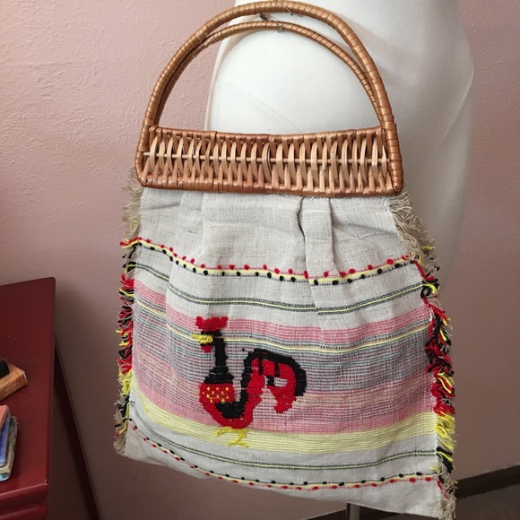 Vintage Handbags - Vintage 1950 Retro Fabric Straw Rooster top handle made in Italy Market Tote Bag